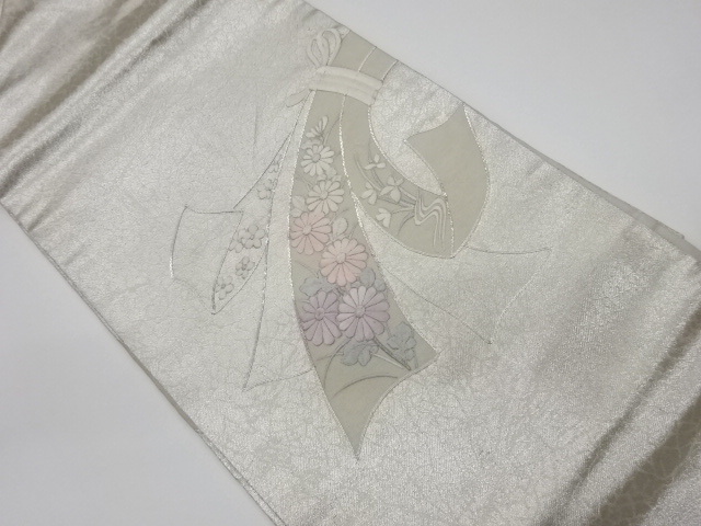 リサイクル　金駒刺繍束ね熨斗に菊・花模様名古屋帯